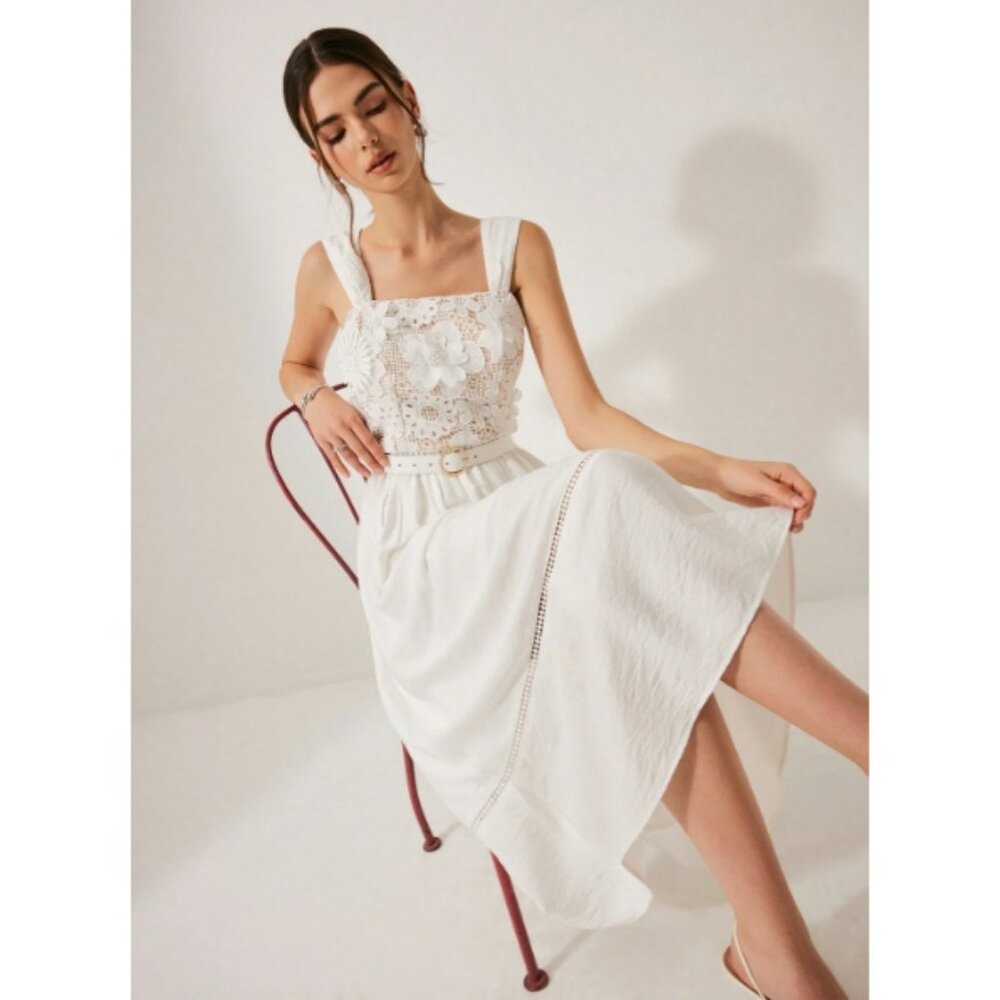 Commense Cotton Floral Lace Belted Dress (Black)